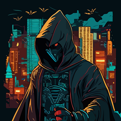 Drawing from the classic superhero comics, design a vector illustration of Satoshi Nakamoto as a masked vigilante, fighting to protect the world of decentralized finance from villains attempting to manipulate the system. Set the scene in a futuristic cityscape.