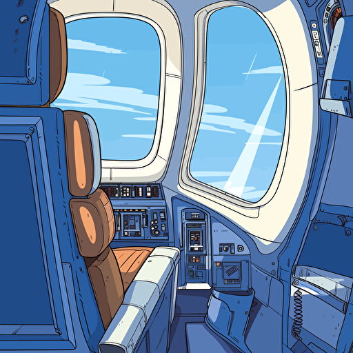 R2D2 in the pilot seat of a Boeing 747. Outside the windows there is bright blue sky and sunshine. Vector style