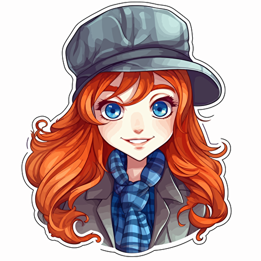Sticker, Happy Colorful female Sherlock Holmes, long red hair, blue eyes, deerstalker hat, kawaii, contour, vector, white background