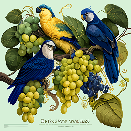 una pintura mural de aves y uvas, aves azules , amarillas amazonicas endémicas, viñedos en vectores , haciendo ver los procesos de cultivacion de la uva por campesinos