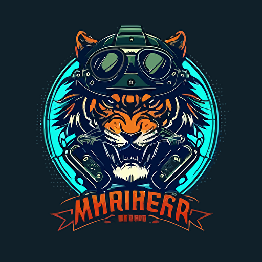 a minimal vector logo motorcycle club emblem, tiger with motorcycle glasses, two piston head, handlebars,colorful