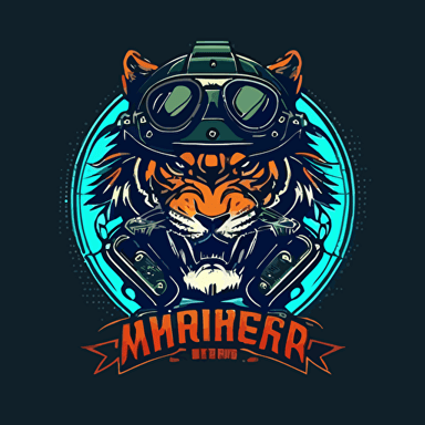 a minimal vector logo motorcycle club emblem, tiger with motorcycle glasses, two piston head, handlebars,colorful