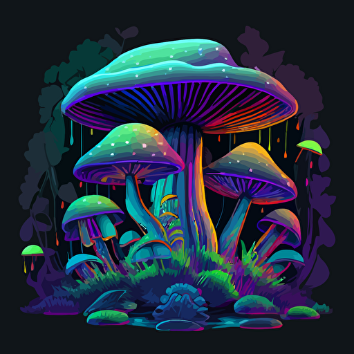 Dmt mushroom combination bright and vibrant with a waterfall animated effect with bright colors and make it a png vector. Make the background colored tiles that look like there opening up into another dimension with the effects of Dmt and lsd
