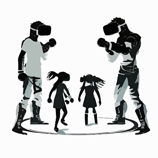a silhouette of a family wearing VR headsets facing off in a battle arena, flat, vectorized, white background