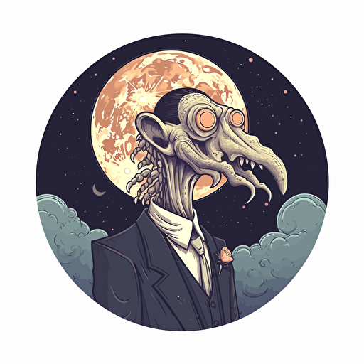 lovecraft monster, full moon, sticker, white background, vector