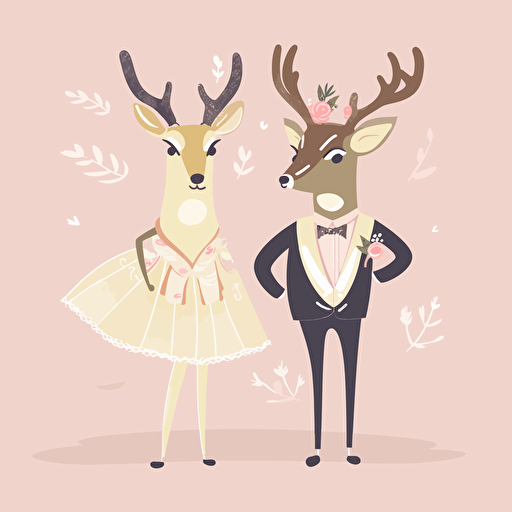 Vector art of a deer dressed as bride standing next to and a stag dressed as a groom, in the style of Britta Teckentrup illustrations, cute
