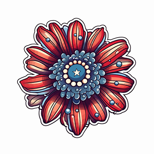 close up vector illustration for a sticker, of the head of a flower, no stem. its petals are colored in the stars and stripes of the american flag. on white background