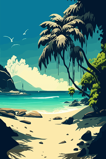 Digital art, tropical beach, landscape, vector illustration, stilized, high spot, hd