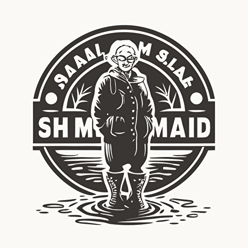 A logo with an old lady in rubber boots standing in a swamp as the symbol. Vector, simple, two-color with white background