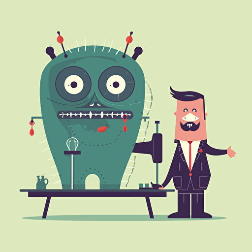 a nice monster, dressed as a tailor, dressed in suit, standing next to sewing machine, vector illustration, flat