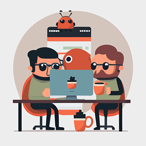 software agency flat vector, 2 developers pointing at notebook, drinking coffee and discuss a bug, in the style of behance