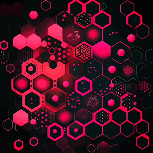 red and pink hexgon tech vector patterns on a black background floating from bottom left to top right corner