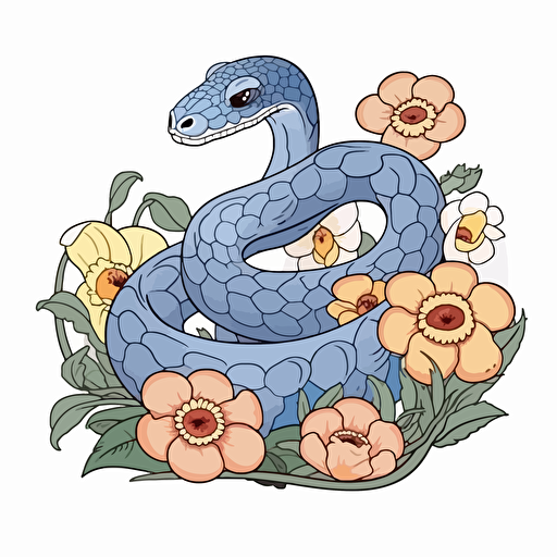 snake and flowers No Shadow. Cartoon. Coloring page. Vector. Simple.