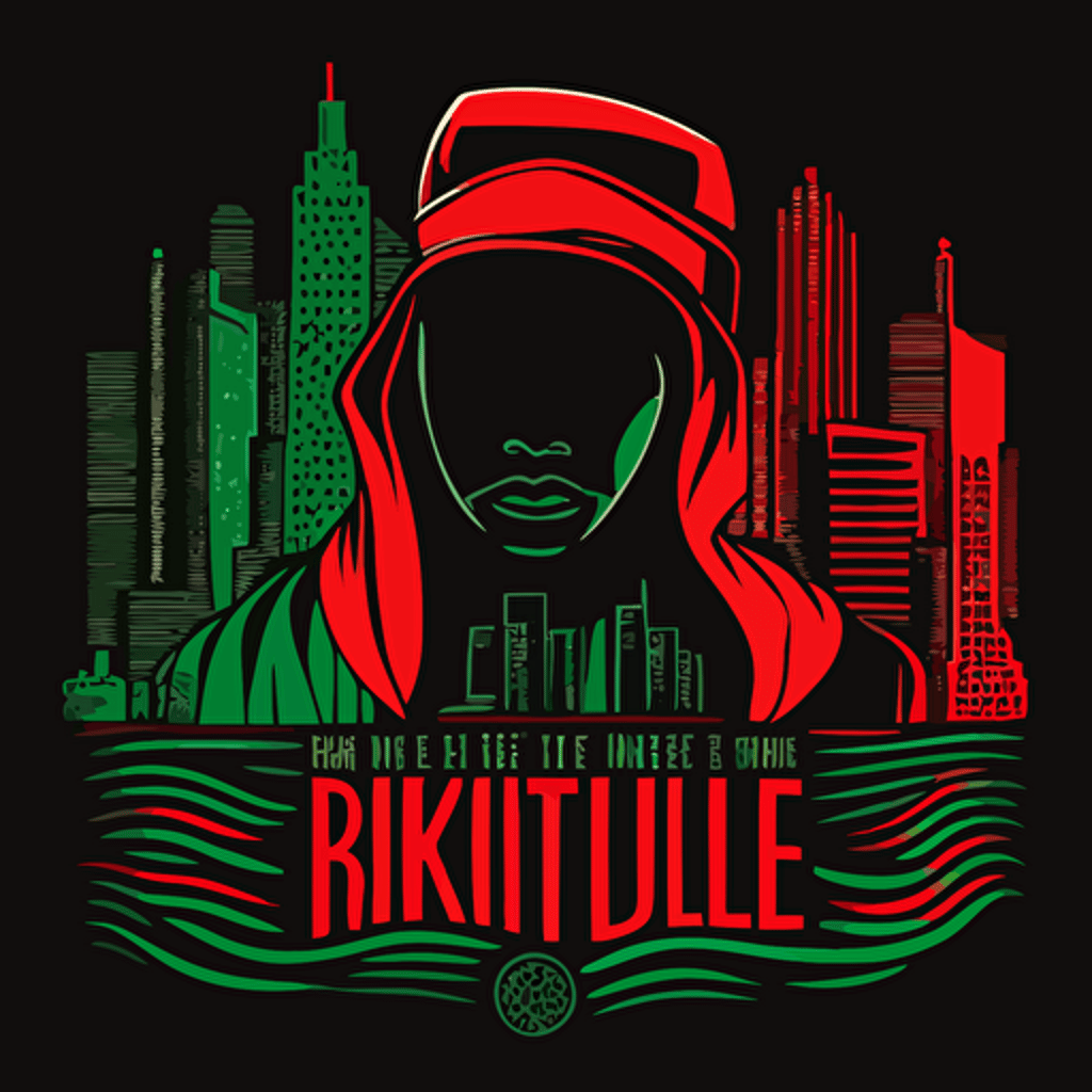 brooklyn skyline in a tribe called quest cover style, red and green on black background, vector illustrated, flat design
