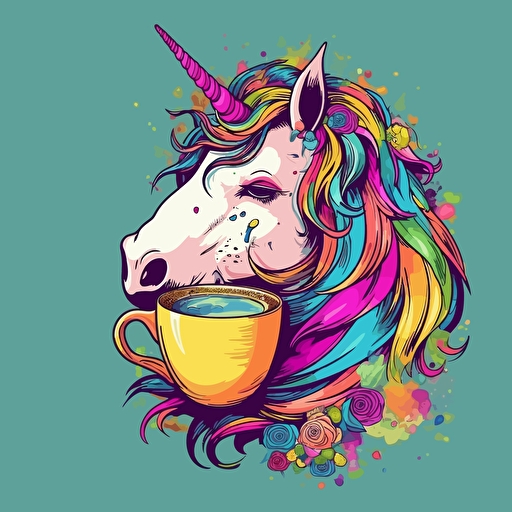 vector hand drawn rainbow color unicorn drinking coffee