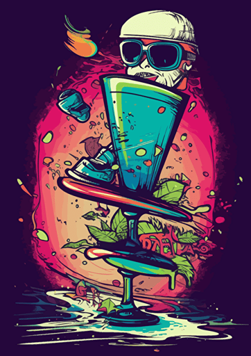 poster, A glass of cocktail standing on top of a skateboard, hypercolor, glide fast, drunk, cartoon, graffiti, vector, illustration