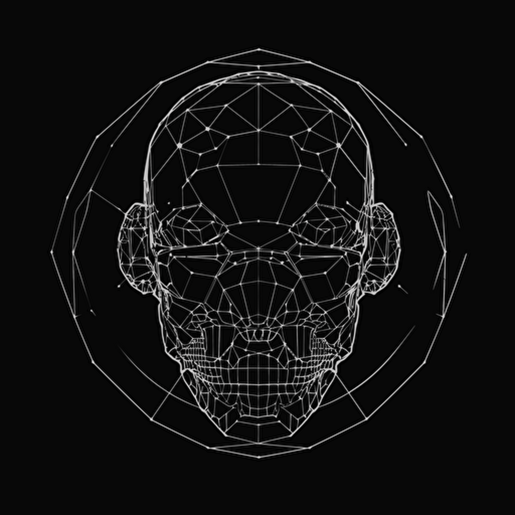 Sacred geometry, Banksy style, black background, large closed shapes, fantasy roboter, white space to fill, abstract, artistic, pen outline, white background, very simple, full field of view, centre, minimalistic logo vector art , simple flat vector logo