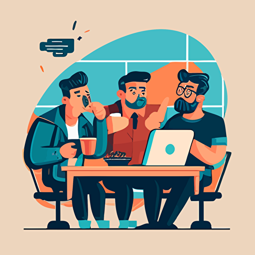 software company flat vector, 3 people pointing at notebook, drinking coffee, in the style of behance