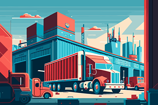 a packaging factory, pick up trucks, logistics, vector art style, blue and red colour scheme,