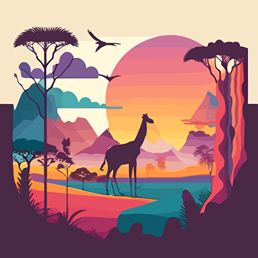 Minimalist, vector illustration, zoo background, mystery, solid color background, vibrant colors, rolling sky