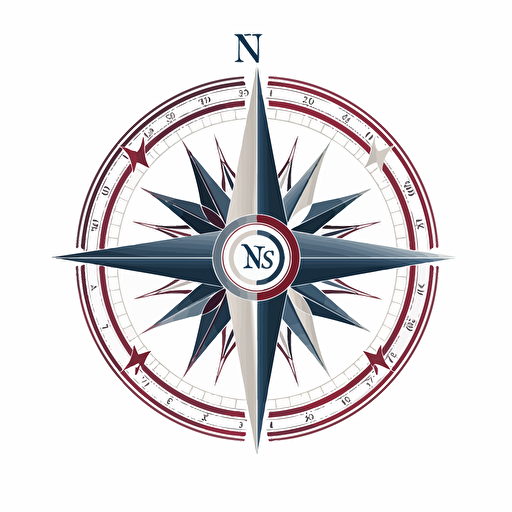 Design of professional logo featuring a compass clipart a white background. Include curves as an additional design element. vector style. Stainless steel. Blue white and red