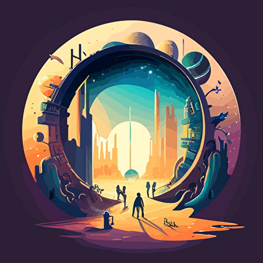 Vector art of a portal located in a planet leading to a high tech futuristic city and children on magical flying brooms entering the portal
