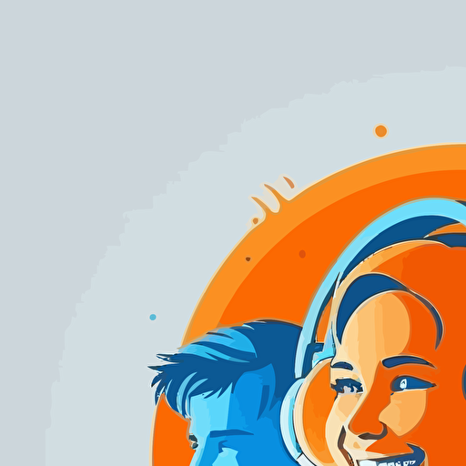 create a logo, happy smiling people with headphones are listening to dancy music, illustrated, vectorized, color scheme 2 colors, blue and orange