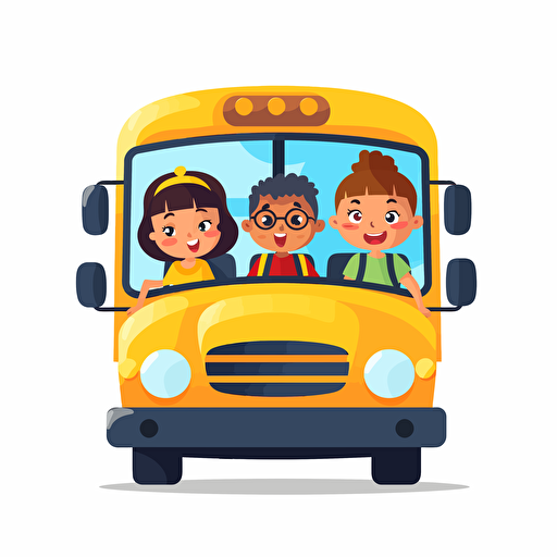 illustrative vector cartoon of kids with Down Syndrom riding a short yellow school bus. white background