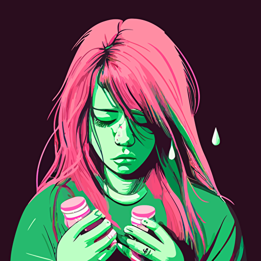 vector,pink,green,girl,holding pills in hands,depressed,sad,crying