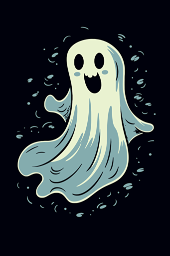 happy ghost, white on black background, cartoon style, flat vector