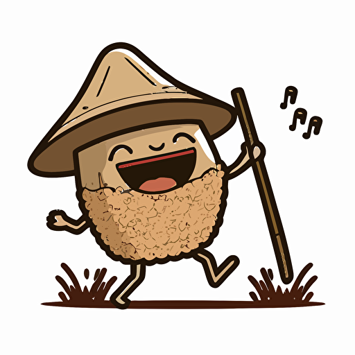 grain of rice dancing, stickman, solid body, simple line arms legs, laughing, with traditionnal asian hat, drawing, vector, sticker