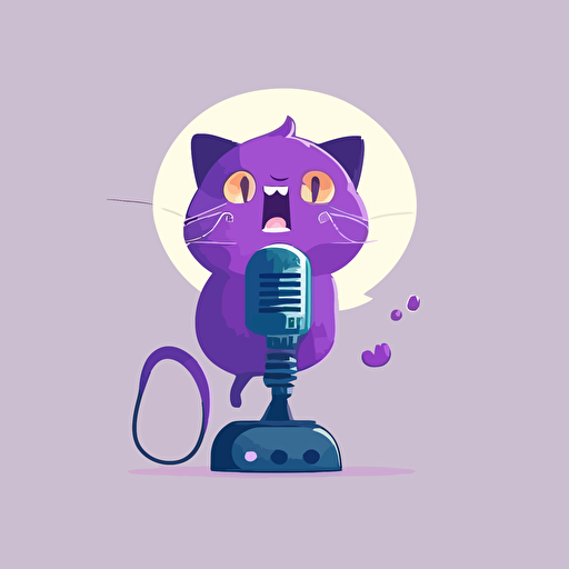 a cute purple cat speaking in a mic. flat. vector. cartoon.