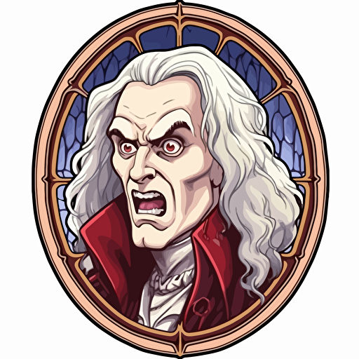 sticker, Lestat de Lioncourt showing his vampire fangs, Interview with the Vampire in Abigail Larson style, arced cathredal window frame, full color, contour, vector, white background