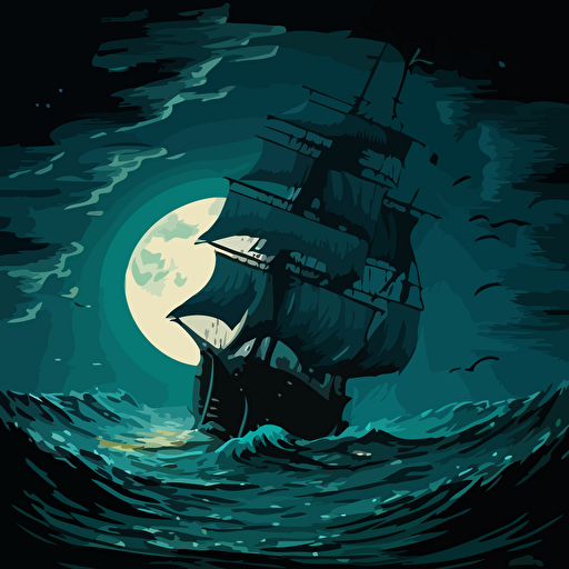sloop at night in rough seas with a huge moon, vector style