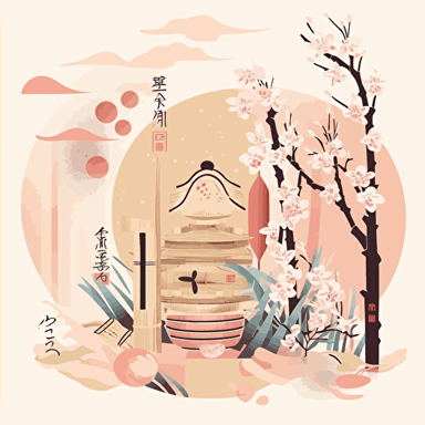 Create a vector image capturing the essence of May in Japan, featuring scenes of freshly harvested bamboo shoots. Incorporate the delicate beauty of the season with soft pastel colors and intricate details. Let the image evoke a sense of renewal and anticipation for the warmer months ahead.