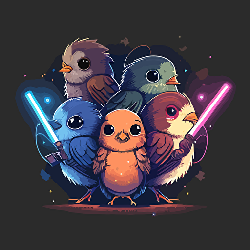 group of birds holding lightsabers vector