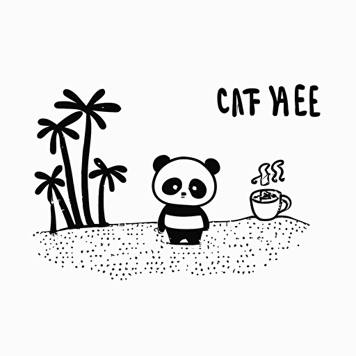 beach with cute panda, fire, coffee shop cute starbucks logo cartoon, minimal, line, NO COLOR, one line, black ink, vector, white background
