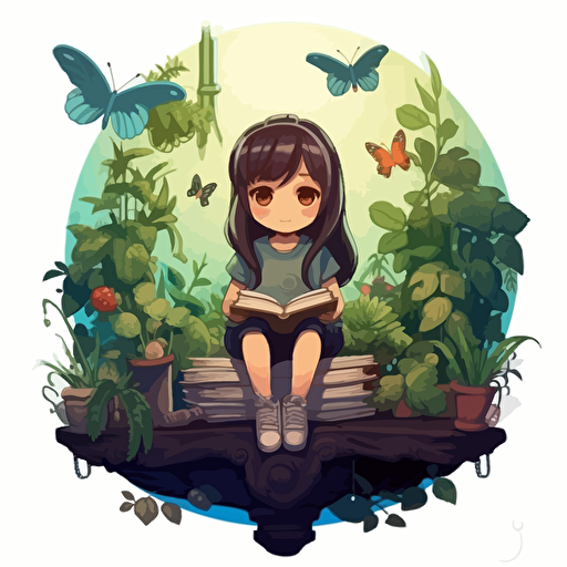 a chibi teenage studying girl vector fantasy style, cozy mellow image extremely detailed, hyper resolution smooth and bright colors, behind her a big bookshel stand, hanging bright green plants big windows, silky detailed butterflies flying around