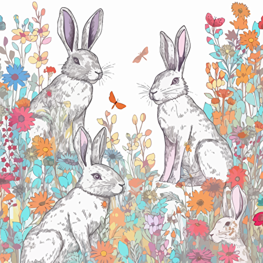 bright pastel colored rabbits on a white background with colorful wildflowers growing around it + detailed doodle style + white background + simple vector + bright pastel colors