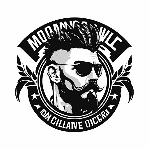 motorcycle club logo, mustache and mohawk hipster, simple vector, black and white, bottom ribbons