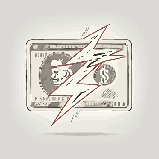 vector illustration of a dollar bill and lightning. The dollar is moving quick. White background, 2D, cartoon, icon, modern