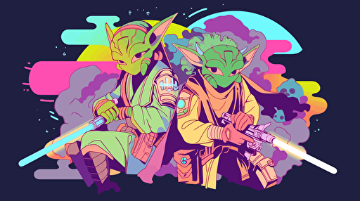 flat vector art, Star Wars, green yellow and purple colors, brother and sister