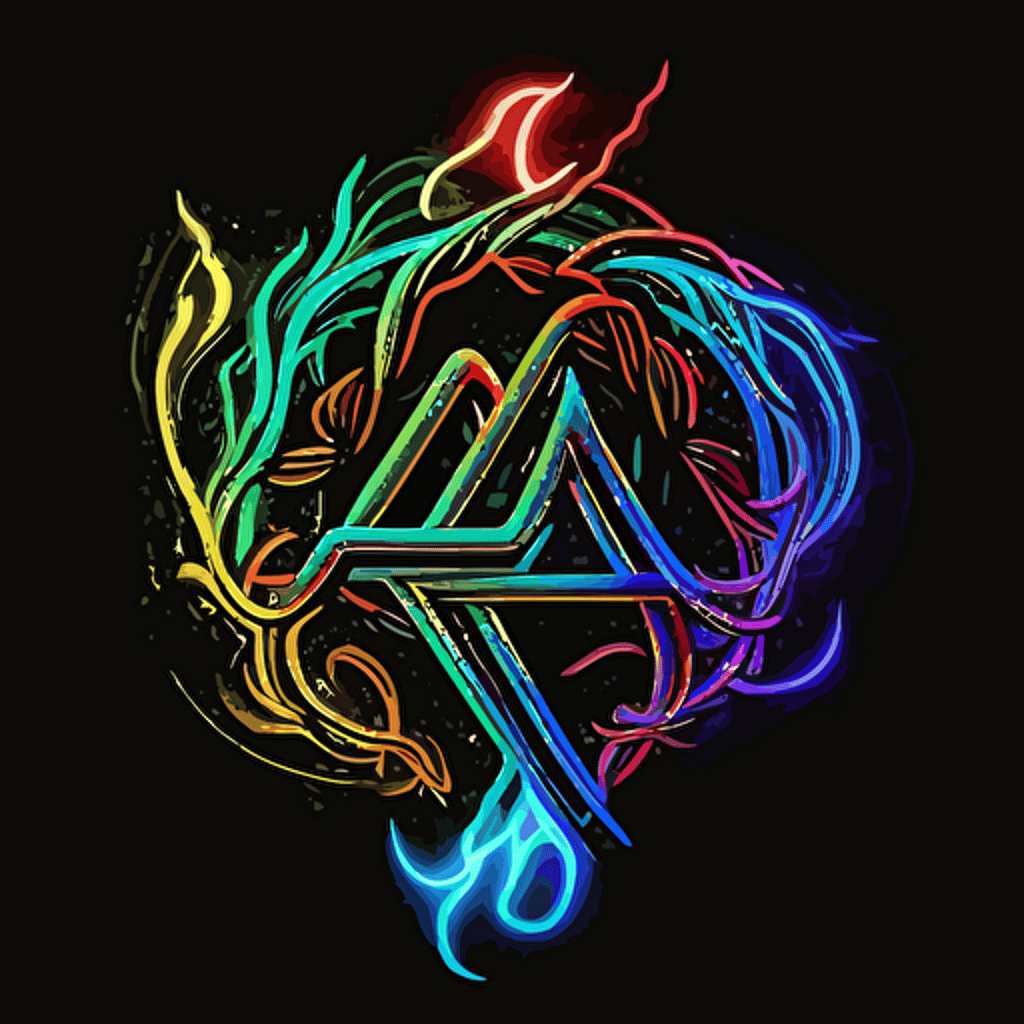 Make a highly detailed vector image of a logo for new apparel company, make this design modern and simple, intense neon rainbow outline, in the style of a 1940's alchemical symbol for the philosopher's stone, v5