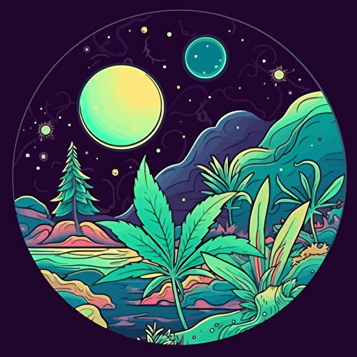 sticker vector design, trippy weed in the sea, white outline, highly detailed, planets, space, beach, light neon