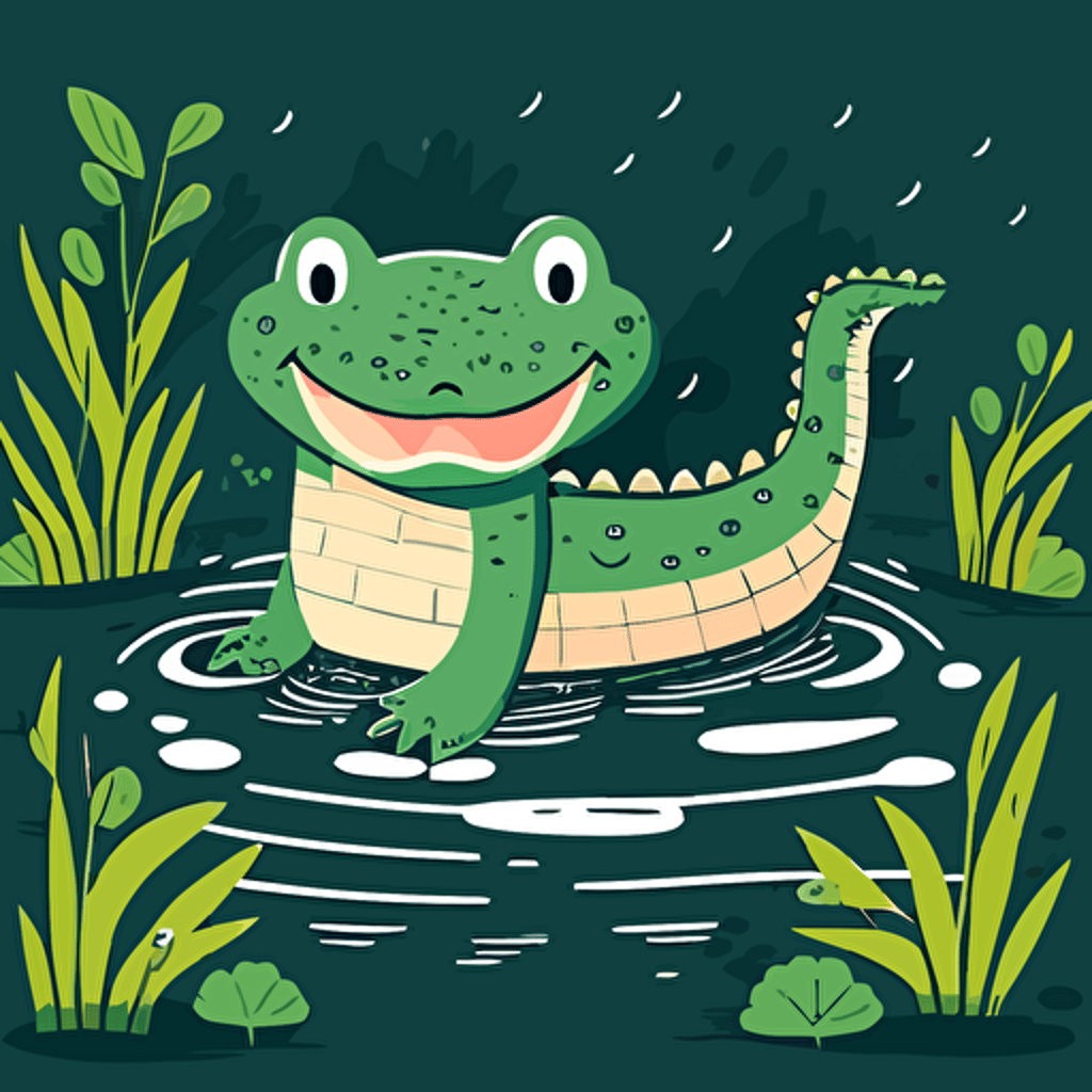 smiling baby alligator swimming in a river, flat color vector art