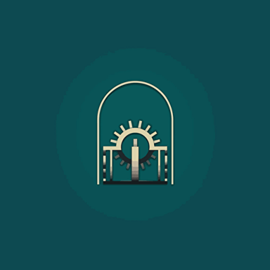 create a simple logo with a single gear in the middle and two gates surrounding the gear, mirror images of each other, vector, minimalistic