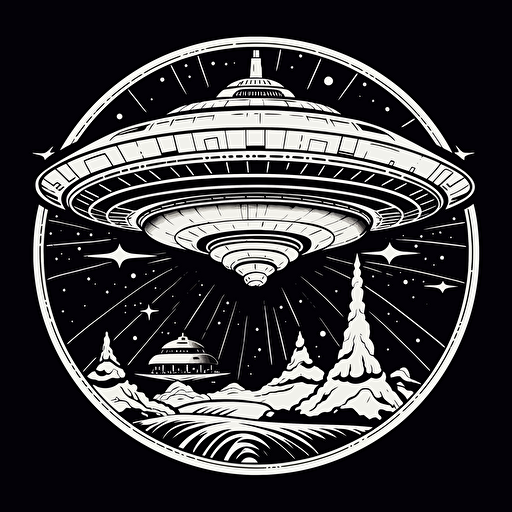 UFO mothership vector, black and white, logo, in nasa pan am style, clip art