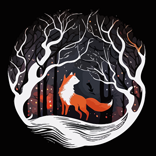 incredible looking kitsune with many flowing tails in asain forest at night, vector logo, vector art, emblem, simple cartoon, 2d, no text, white background