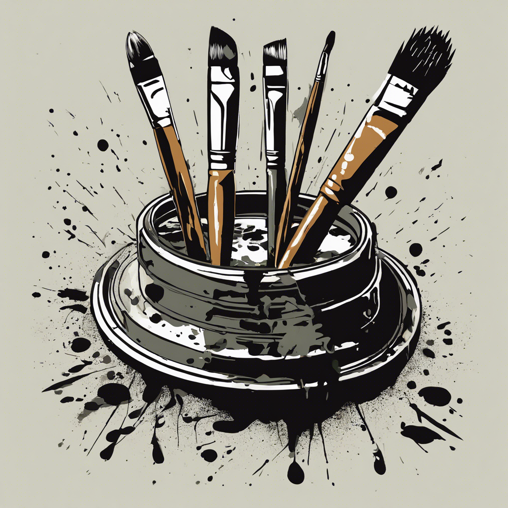 Paint brushes and splattered paint on a well-used artist’s palette, illustration in the style of Matt Blease, illustration, flat, simple, vector