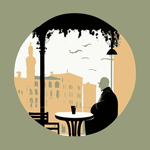 simple illustration, man sitting at alfresco table drinking wine, looking out over the piazza, motif style, vector**